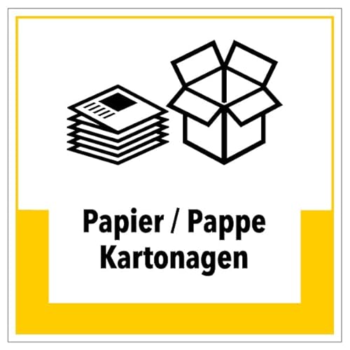 Aufkleber Hinweis Abfallkennzeichnung "Papier/Pappe Kartonagen" Müllentsorgung Recycling Schild Folie selbstklebend, gelb | 5-40cm Made in Germany, Größe: 20x20 cm von MBS SIGNS