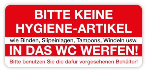 Aufkleber Hygiene „Bitte keine Hygiene-Artikel in das WC werfen!“ Varianten wählbar, Made in Germany | 8x3,6 cm, Größen Name: Aufkleber | 8 x 3,6 cm von MBS-SIGNS