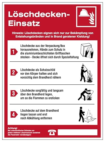 Aufkleber Sicherheitsaushang „Löschdecken-Einsatz“ Hinweis Brandschutz Info-Folie Symbole: ISO 7010 | Größe wählbar Made in Germany, Größen Name: 11x15cm von MBS-SIGNS