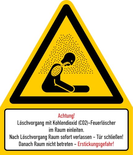 Aufkleber Warnzeichen „Achtung! Löschvorgang mit Kohlendioxid (CO2)-Feuerlöscher im Raum einleiten - Erstickungsgefahr!“ Kombi W041 Größe wählbar | Made in Germany, Größe: 10,5 x 12,3 cm von MBS SIGNS