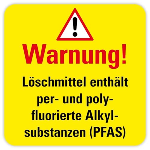 Etikett „Warnung! Löschmittel enthält per- und polyfluorierte Alkylsubstanzen (PFAS)“ für Feuerlöscher, Sticker/Folie auf Bogen | Gelb/Rot/Schwarz | Größe wählbar, Größe: 5 x 5 cm von MBS SIGNS