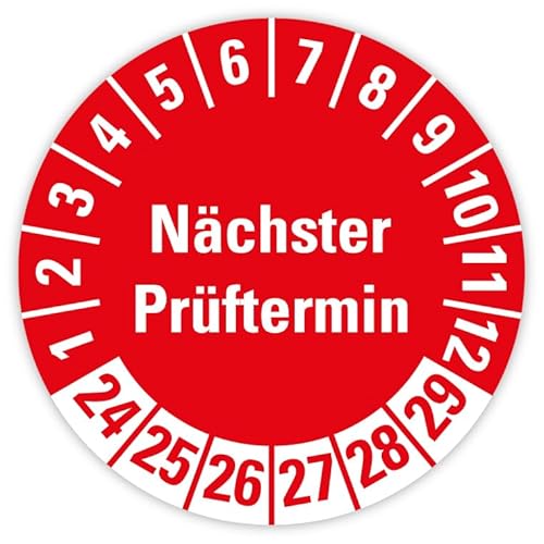 Mehrjahres Prüfplakette „Nächster Prüftermin 2024-2029“ Folie rot | Ø 20-40 mm Made in Germany, Größe: Ø 30 mm, Material: 25 Stück von MBS-SIGNS