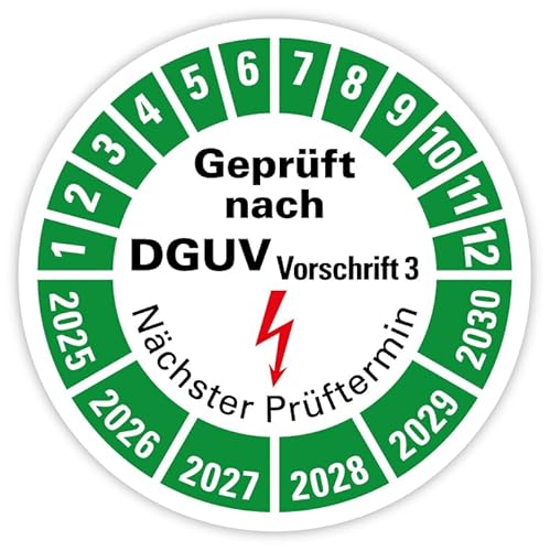 Prüfplakette „Geprüft nach DGUV Vorschrift 3 | 2025-2030“ Nächster Prüftermin Folie Grün | Ø 20-40 mm Made in Germany, Größe: Ø 30 mm, Material: 100 Stück von MBS-SIGNS