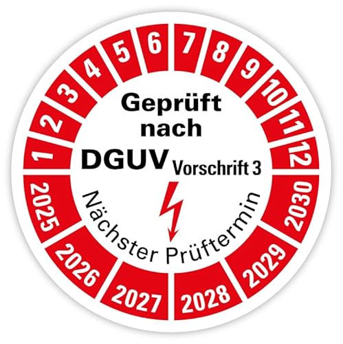 Prüfplakette „Geprüft nach DGUV Vorschrift 3 | 2025-2030“ Nächster Prüftermin Folie rot | Ø 20-40 mm Made in Germany, Größe: Ø 20 mm, Material: 25 Stück von MBS-SIGNS