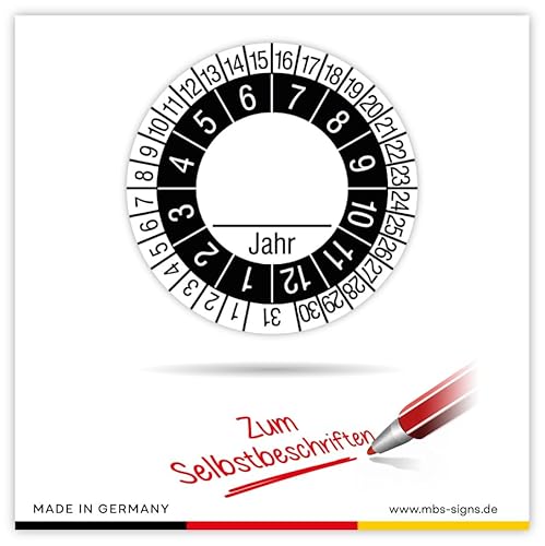 Prüfplakette „Tag Monat Jahr“ variabel beschriftbar Folie selbstklebend, s/w | Ø30mm | Made in Germany, Größe: 100 Stück | Ø30mm von MBS-SIGNS