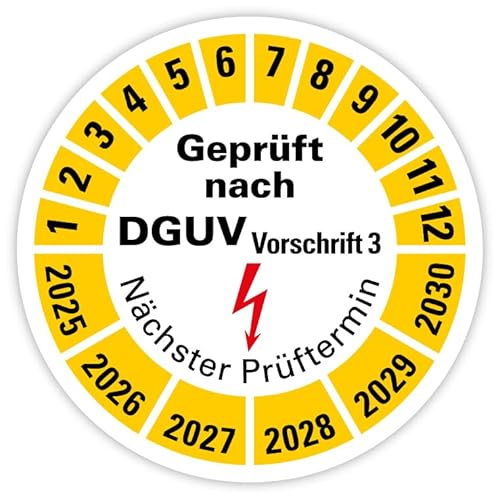 Prüfplakette Etikett „Geprüft nach DGUV Vorschrift 3 | 2025-2030“ Nächster Prüftermin Folie Gelb | Ø 20-40 mm Made in Germany, Größe: Ø 20 mm, Material: 25 Stück von MBS-SIGNS