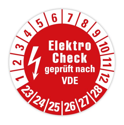 Prüfplakette Mehrjahresprüfplakette „Elektro Check geprüft nach VDE 2023-2028“ Folie selbstklebend rot | Ø 20-40 mm Made in Germany, Größe: 100 Stück | Ø 20 mm von MBS-SIGNS