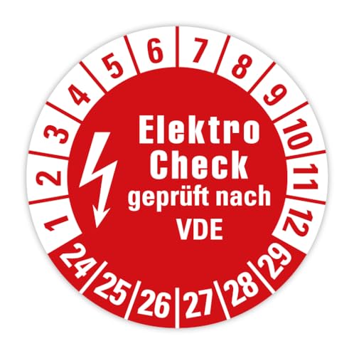Prüfplakette Mehrjahresprüfplakette „Elektro Check geprüft nach VDE 2024-2029“ Folie selbstklebend rot | Ø 20-40 mm Made in Germany, Größe: 100 Stück | Ø 20 mm von MBS-SIGNS