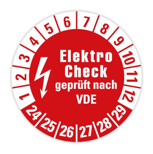 Prüfplakette Mehrjahresprüfplakette „Elektro Check geprüft nach VDE 2024-2029“ Folie selbstklebend rot | Ø 20-40 mm Made in Germany, Größe: 100 Stück | Ø 30 mm von MBS-SIGNS