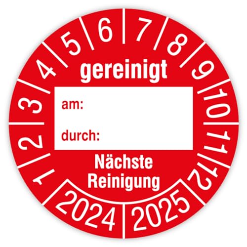 Prüfplakette Mehrjahresprüfplakette „gereinigt am: durch: Nächste Reinigung 2024 2025“ Folie selbstklebend, rot | Ø30mm | Made in Germany, Größe: 100 Stück | Ø30mm von MBS-SIGNS