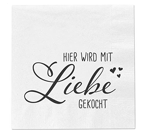 40 Stück Servietten Papierservietten mit Sprüche 3-lagig 33x33cm Feier Party Geburtstag Gäste Tischdeko (Hier wird mit Liebe gekocht) von MC Trend