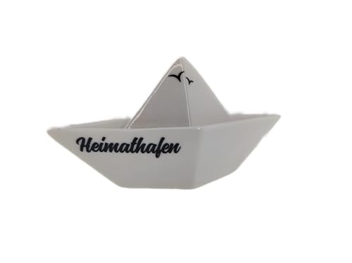 MC-Trend – Deko Porzellan Papierboot/e – „Heimathafen“ – groß ca. 15 x 5,5 cm – Porzellan/weiß – Maritime Marine Tischdeko Schiff Geburtstag Hochzeit Jubiläum Party Taufe (groß Heimathafen) von MC-Trend