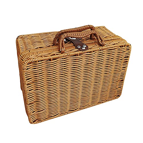 Retro-Koffer aus Korbgeflecht aus Kunststoff, Handgefertigter Rattan-Koffer, Lederband, Metallschloss, Retro-Koffer, Requisitenbox für Picknick, Lebensmittelaufbewahrung, Outdoor, Camping, Reisen(M) von MCDSAJ