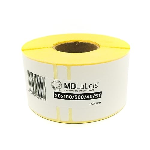 MDlabels Weiße Thermo etiketten auf Rolle 50x100mm 500 Stück - permanent haftend, für Barcode, weiße Klebeetiketten zur Beschriftung Thermische etiketten von MD Labels