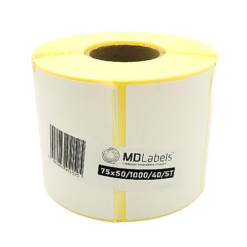 MDlabels Weiße Thermo etiketten auf Rolle 75x50mm 1000 Stück - permanent haftend, für Barcode, weiße Klebeetiketten zur Beschriftung Thermische etiketten von MD Labels