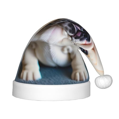 MDATT Niedliche Bulldogge Welpe 1 1 Stück Weihnachtsmannmützen Geschenk-Set für Unisex Jugendliche Weihnachten für Weihnachten Neujahr Party Kopfbedeckung von MDATT