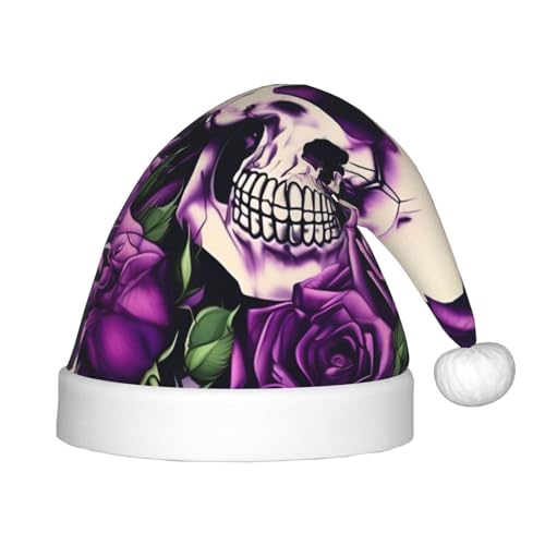 MDATT Viele lila Rosen Totenkopf, 1 Stück, Weihnachtsmannmützen, Geschenk-Set für Unisex, Teenager, Weihnachten, Neujahr, Party, Kopfbedeckung von MDATT