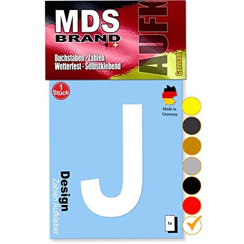 MDS Brand 10cm Design Buchstaben Aufkleber Selbstklebende Klebebuchstaben | Wetterfest Alphabet zum Aufkleben für Briefkasten, Auto, Mülltonne, Vinyl Buchstaben für Außen & Innen (Weiss, J) von MDS Brand