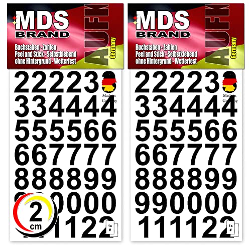 MDS Brand 2cm Zahlen Aufkleber Schwarz | Selbstklebende Klebezahlen | Vinyl Klebeziffer zum Aufkleben für Briefkasten, Büro Ordner, Hausnummer für Außen & Innen Peel (2cm, Schwarz) von MDS Brand