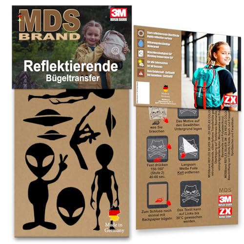 MDS Brand 3M Reflektierende Aufbügler Set - Reflektoren Kinderkleidung - Hohe Sichtbarkeit - Optimierte Haftung für Kleidung oder Schulranzen (B-01, Schwarz) von MDS Brand