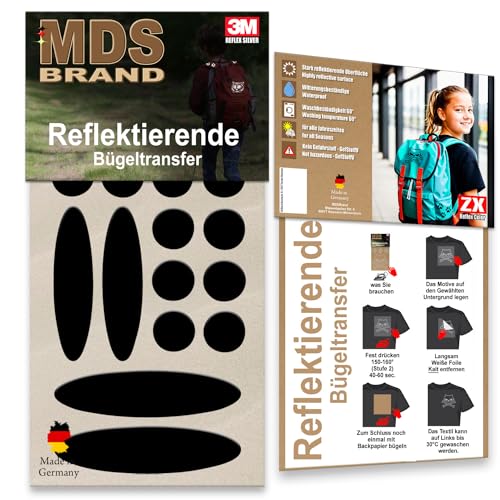 MDS Brand 3M Reflektierende Aufbügler Set - Reflektoren Kinderkleidung - Hohe Sichtbarkeit - Optimierte Haftung für Kleidung oder Schulranzen (B-04, Schwarz) von MDS Brand