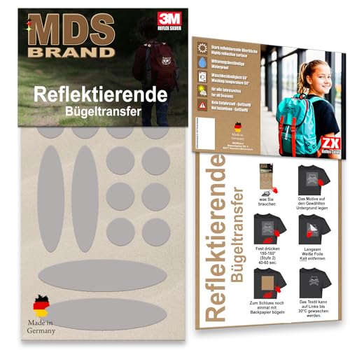 MDS Brand 3M Reflektierende Aufbügler Set - Reflektoren Kinderkleidung - Hohe Sichtbarkeit - Optimierte Haftung für Kleidung oder Schulranzen (B-04, Silber) von MDS Brand