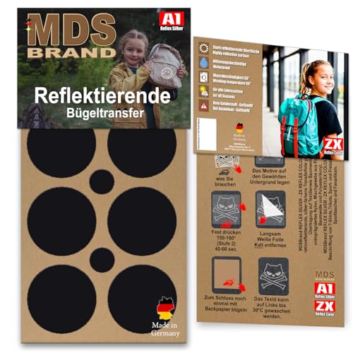 MDS Brand Reflektierende Aufbügler Set - Reflektoren Kinderkleidung - Hohe Sichtbarkeit - Optimierte Haftung für Kleidung oder Schulranzen (B-09, Schwarz) von MDS Brand