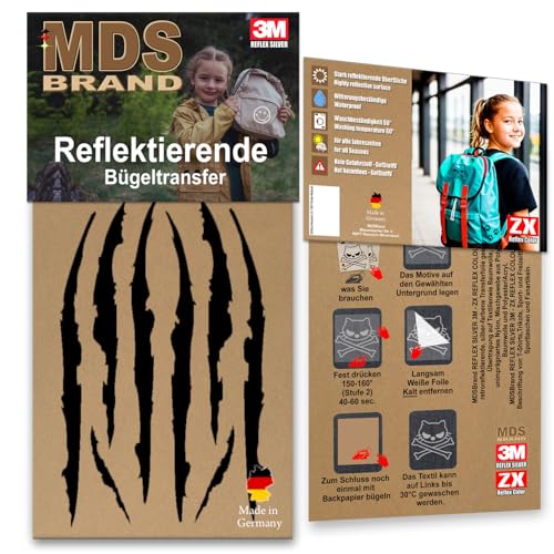 MDS Brand 3M Reflektierende Aufbügler Set - Reflektoren Kinderkleidung - Hohe Sichtbarkeit - Optimierte Haftung für Kleidung oder Schulranzen (B-12, Schwarz) von MDS Brand