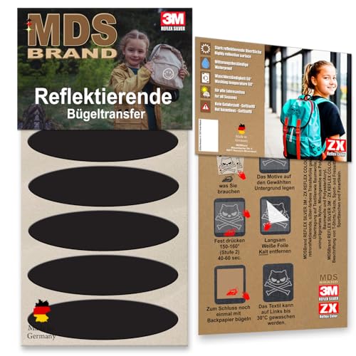 MDS Brand Reflektierende Aufbügler Set | 6x Oval | Reflektoren für Kleidung - Hohe Sichtbarkeit - Optimierte Haftung für Kleidung oder Schulranzen (B-14, Schwarz) von MDS Brand