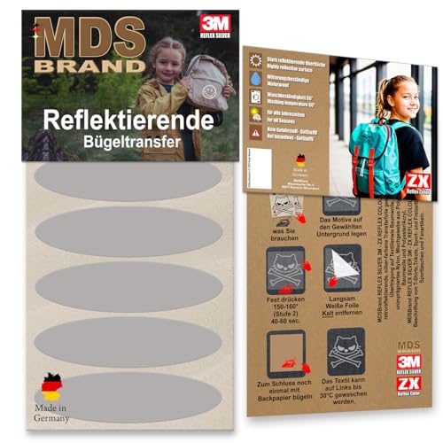 MDS Brand Reflektierende Aufbügler Set | 6x Oval | Reflektoren für Kleidung - Hohe Sichtbarkeit - Optimierte Haftung für Kleidung oder Schulranzen (B-14, Silber) von MDS Brand