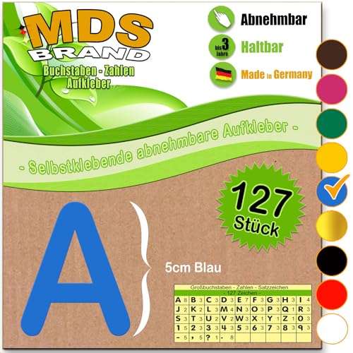 MDS Brand A-Z 5cm Buchstaben Aufkleber & Zahlen 6-Farben | Selbstklebende & Matt – neu positionierbar, einfach zum basteln & gestalten, Ideal für Scrapbook, Schaufenster & DIY-Projekte (Blau) von MDS Brand