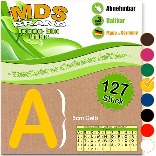 MDS Brand A-Z 5cm Buchstaben Aufkleber & Zahlen 6-Farben | Selbstklebende & Matt – neu positionierbar, einfach zum basteln & gestalten, Ideal für Scrapbook, Schaufenster & DIY-Projekte (Gelb) von MDS Brand