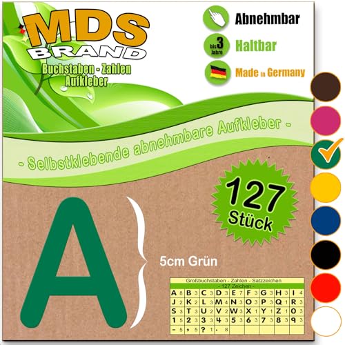 MDS Brand A-Z 5cm Buchstaben Aufkleber & Zahlen 6-Farben | Selbstklebende & Matt – neu positionierbar, einfach zum basteln & gestalten, Ideal für Scrapbook, Schaufenster & DIY-Projekte (Grun) von MDS Brand