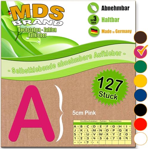 MDS Brand A-Z 5cm Buchstaben Aufkleber & Zahlen 6-Farben | Selbstklebende & Matt – neu positionierbar, einfach zum basteln & gestalten, Ideal für Scrapbook, Schaufenster & DIY-Projekte (Pink) von MDS Brand