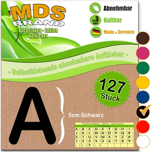 MDS Brand A-Z 5cm Buchstaben Aufkleber & Zahlen 6-Farben | Selbstklebende & Matt – neu positionierbar, einfach zum basteln & gestalten, Ideal für Scrapbook, Schaufenster & DIY-Projekte (Schwarz) von MDS Brand