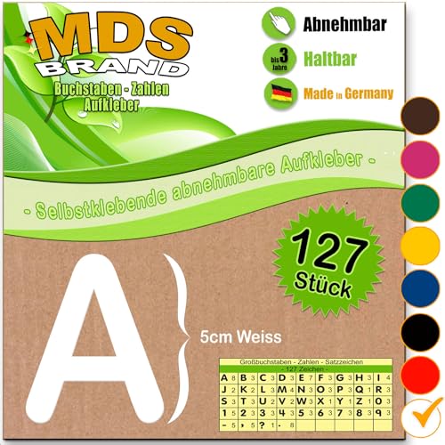 MDS Brand A-Z 5cm Buchstaben Aufkleber & Zahlen 6-Farben | Selbstklebende & Matt – neu positionierbar, einfach zum basteln & gestalten, Ideal für Scrapbook, Schaufenster & DIY-Projekte (Weiss) von MDS Brand