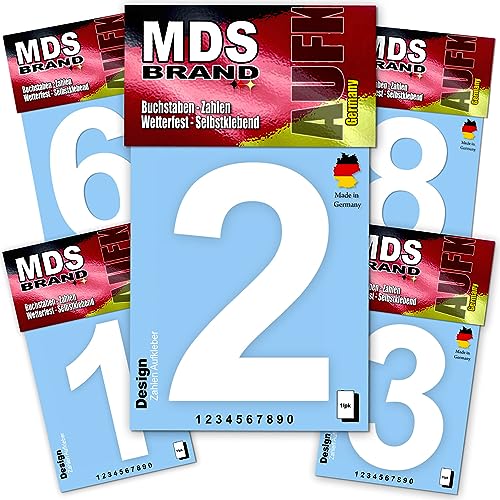 MDS Brand Design 15cm Zahlen Aufkleber 1x/Pk Zahlen Aufkleber groß | Selbstklebende Klebezahlen wetterfest für Briefkasten, Mülltonne & Hausnummeren Aufkleber für Außen & Innen Weiss (0-9 Pack) von MDS Brand