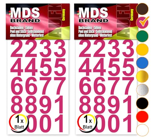 MDS Brand Design 3cm Zahlen Aufkleber | Selbstklebende Klebezahlen | Vinyl Hausnummern zum Aufkleben für Briefkasten, Mülltonnen Aufkleber, Buro Aufkleber, Zahlen für Außen & Innen Peel (Pink) von MDS Brand