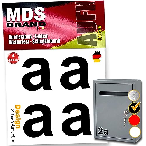 MDS Brand 8cm Design Buchstaben Aufkleber 4x Spar Pack Selbstklebende Buchstaben für Briefkasten, Mülltonne & Hausnummeren Aufkleber für Außen & Innen, D-8 (Schwarz-a) von MDS Brand