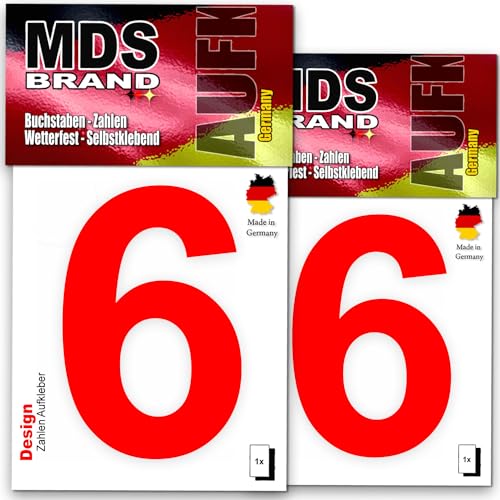 MDS Brand Design 8cm Zahlen Aufkleber Selbstklebende Klebezahlen für Briefkasten, Mülltonne & Hausnummeren Aufkleber für Außen & Innen, 2x-D-8 (Rot-6) von MDS Brand