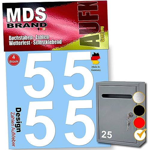 MDS Brand 8cm Design Zahlen Aufkleber 4x Spar Pack Selbstklebende Klebezahlen für Briefkasten, Mülltonne & Hausnummeren Aufkleber für Außen & Innen, D-8 (Weiss-5) von MDS Brand