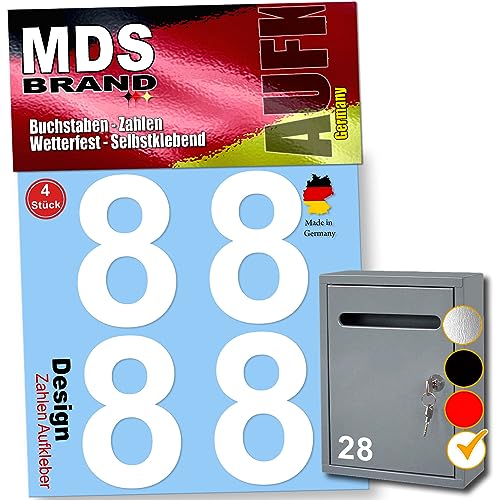 MDS Brand 8cm Design Zahlen Aufkleber 4x Spar Pack Selbstklebende Klebezahlen für Briefkasten, Mülltonne & Hausnummeren Aufkleber für Außen & Innen, D-8 (Weiss-8) von MDS Brand