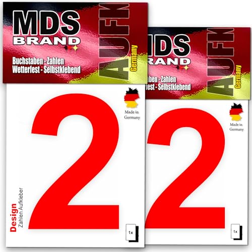 MDS Brand Design 8cm Zahlen Aufkleber Zahlen aufkleber groß | Selbstklebende Klebezahlen wetterfest für Briefkasten, Mülltonne & Hausnummeren Aufkleber für Außen & Innen, 2x-D-8 (Rot-2) von MDS Brand