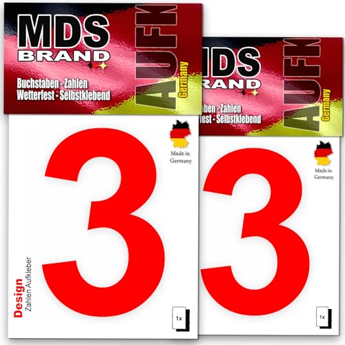 MDS Brand Design 8cm Zahlen Aufkleber Zahlen aufkleber groß | Selbstklebende Klebezahlen wetterfest für Briefkasten, Mülltonne & Hausnummeren Aufkleber für Außen & Innen, 2x-D-8 (Rot-3) von MDS Brand