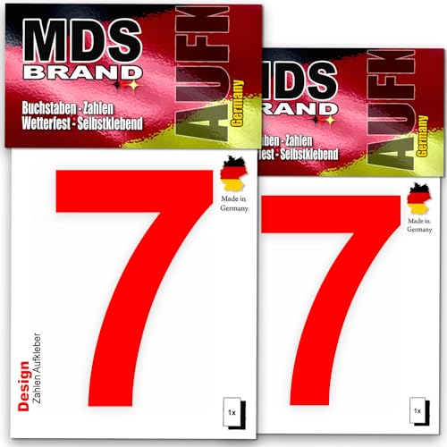 MDS Brand Design 8cm Zahlen Aufkleber Zahlen aufkleber groß | Selbstklebende Klebezahlen wetterfest für Briefkasten, Mülltonne & Hausnummeren Aufkleber für Außen & Innen, 2x-D-8 (Rot-7) von MDS Brand