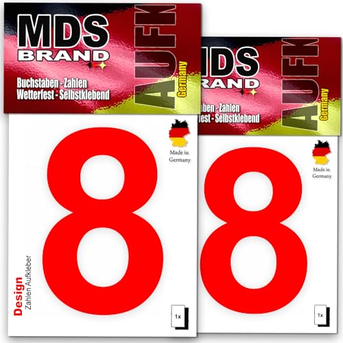 MDS Brand Design 8cm Zahlen Aufkleber Zahlen aufkleber groß | Selbstklebende Klebezahlen wetterfest für Briefkasten, Mülltonne & Hausnummeren Aufkleber für Außen & Innen, 2x-D-8 (Rot-8) von MDS Brand