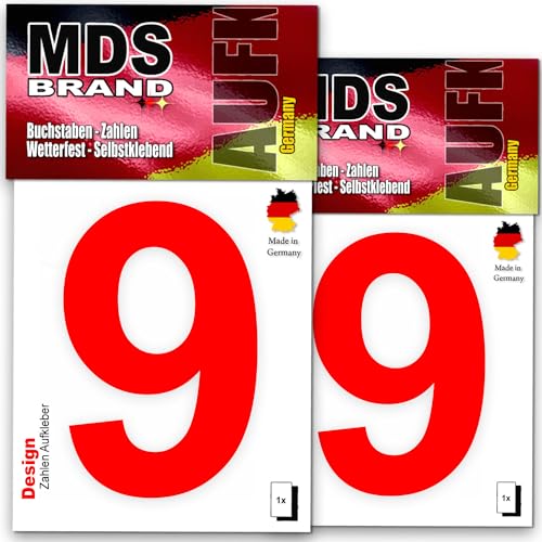 MDS Brand Design 8cm Zahlen Aufkleber Zahlen aufkleber groß | Selbstklebende Klebezahlen wetterfest für Briefkasten, Mülltonne & Hausnummeren Aufkleber für Außen & Innen, 2x-D-8 (Rot-9) von MDS Brand