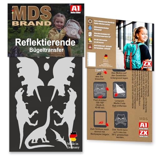 MDS Brand Reflektierende Aufbügler Set | Dino | Reflektoren für Kleidung - Hohe Sichtbarkeit - Optimierte Haftung für Kleidung oder Schulranzen (Schwarz) von MDS Brand