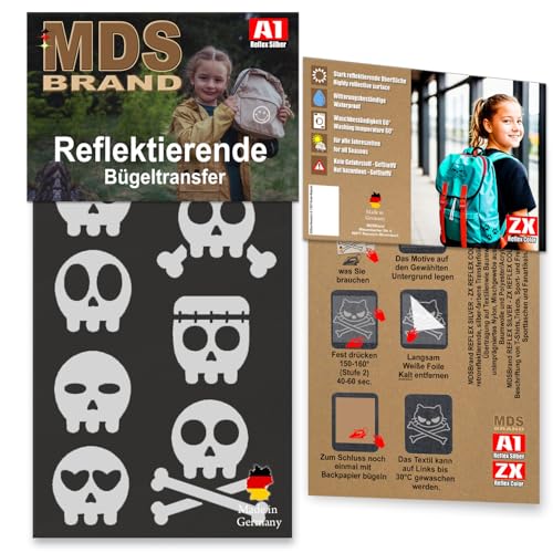 MDS Brand Reflektierende Aufbügler Set | Klein Skull | Reflektoren für Kleidung - Hohe Sichtbarkeit - Optimierte Haftung für Kleidung oder Schulranzen (Schwarz) von MDS Brand