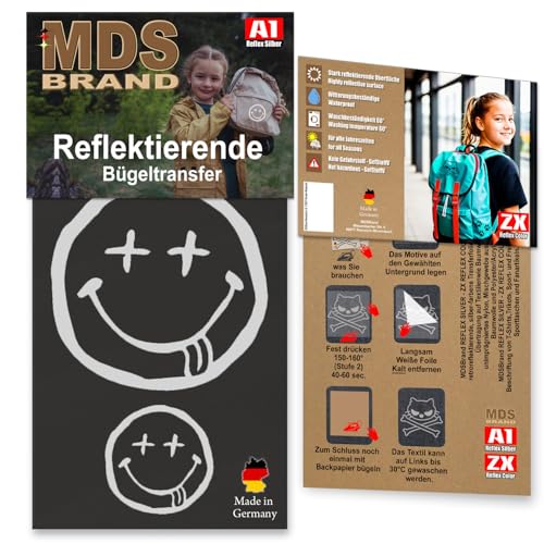 MDS Brand Reflektierende Aufbügler Set | Smiley | Reflektoren für Kleidung - Hohe Sichtbarkeit - Optimierte Haftung für Kleidung oder Schulranzen (Schwarz) von MDS Brand